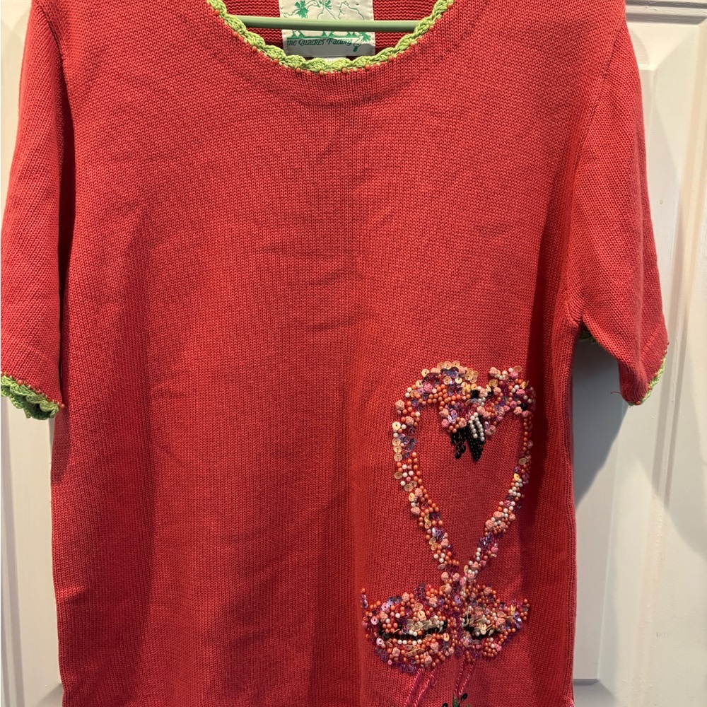 Quacker Factory Coral Knit Sweater with Green Trim and pretty beaded pelicans. L - Picture 2 of 5
